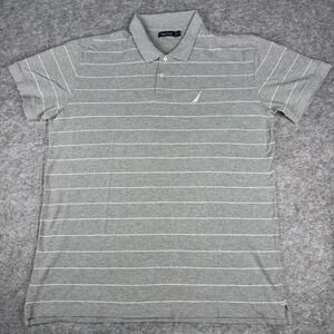 Nautica Mens XXL Grey White Striped Short Sleeve Pique Polo Shirt Cotton Logo